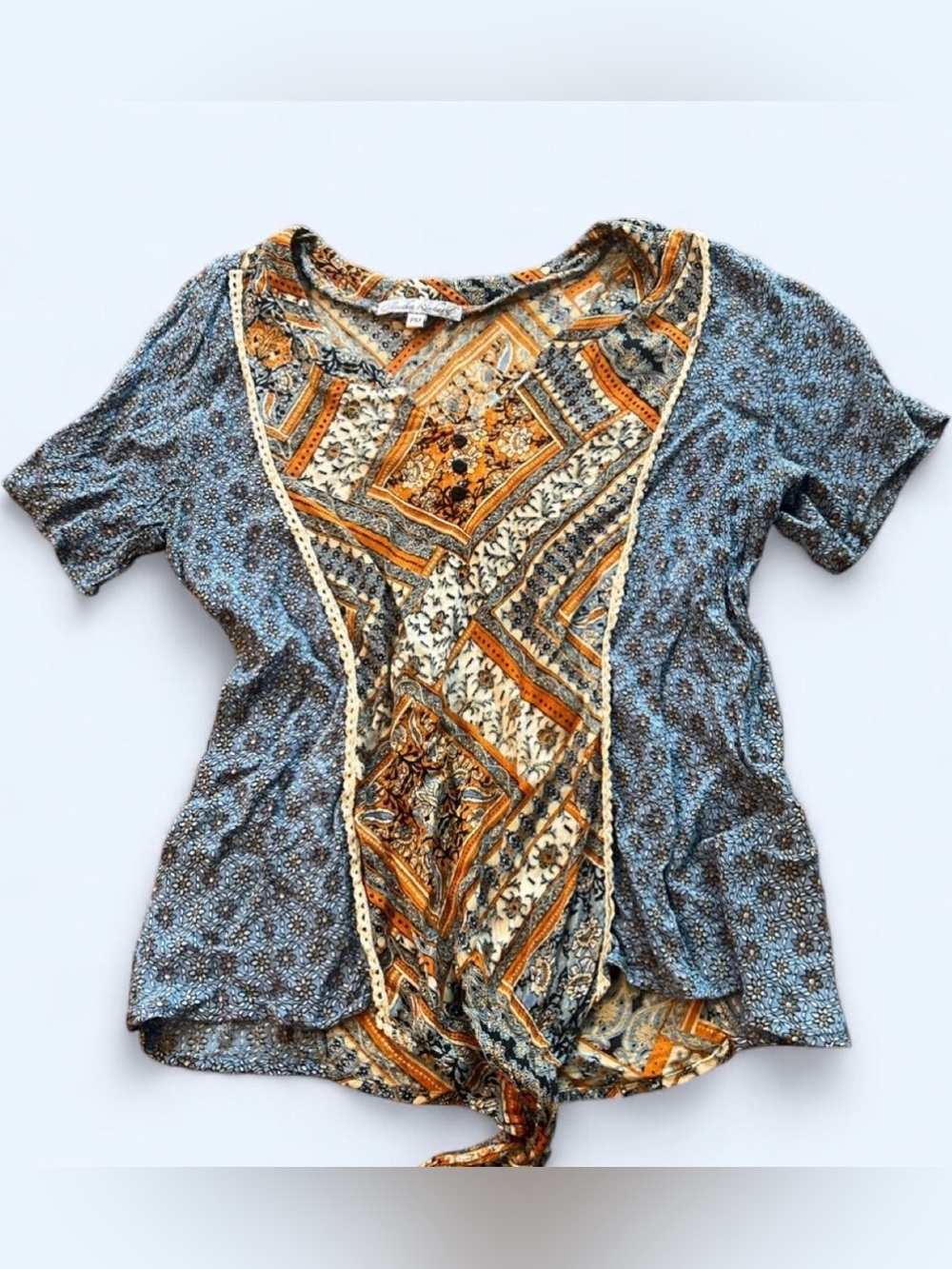 Claudia Richard Blue and Mustard Patchwork Tie-Front Tunic Top